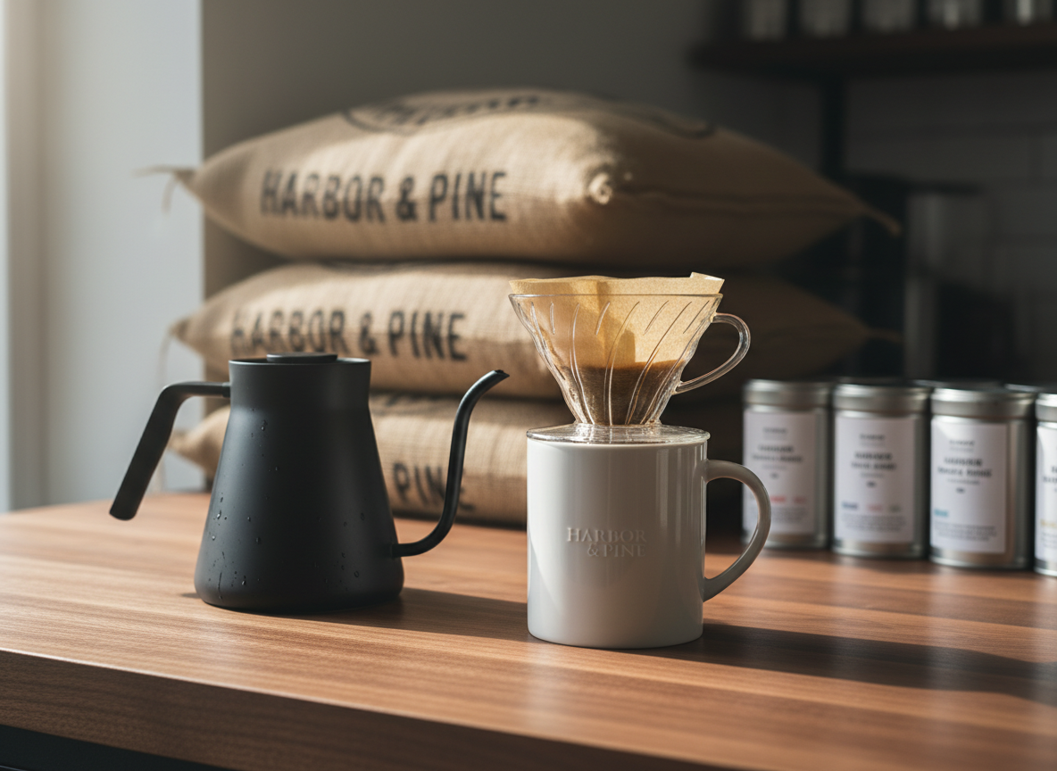 A meticulously arranged still life of Harbor & Pine’s signature coffee setup: a matte black kettle with a slender gooseneck spout, a glass pour-over dripper with a ridged cone, and a pristine white ceramic mug with a subtle gloss, all resting on a smooth walnut counter. Behind them, burlap coffee sacks and neatly stacked labeled tins recede into a gentle blur. Soft morning light filters through an unseen window from the left, creating refined highlights on metal and ceramic and long, understated shadows. Photographic realism, eye-level composition with shallow depth of field, calm and sophisticated mood, designed to feel like the quintessential image of an artisan Portland coffee roastery.