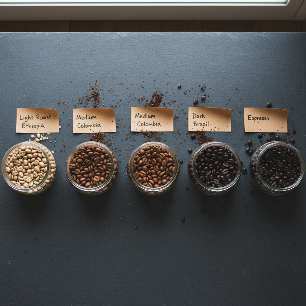 An overhead photographic view of a dark, slate-gray worktable dusted lightly with coffee grounds, showcasing a row of Harbor & Pine roast samples in simple, unbranded glass jars. Each jar holds beans of different roast levels, from light cinnamon to deep espresso brown, their oily or matte surfaces clearly visible. Handwritten kraft-paper tasting cards sit beside each jar, edges slightly curled. Diffused overcast window light from above creates soft, even illumination with gentle shadows around the jars, emphasizing texture without harsh contrast. The composition follows a minimalist, rule-of-thirds layout with ample negative space, evoking a refined, analytical cupping session in a small Portland roastery.