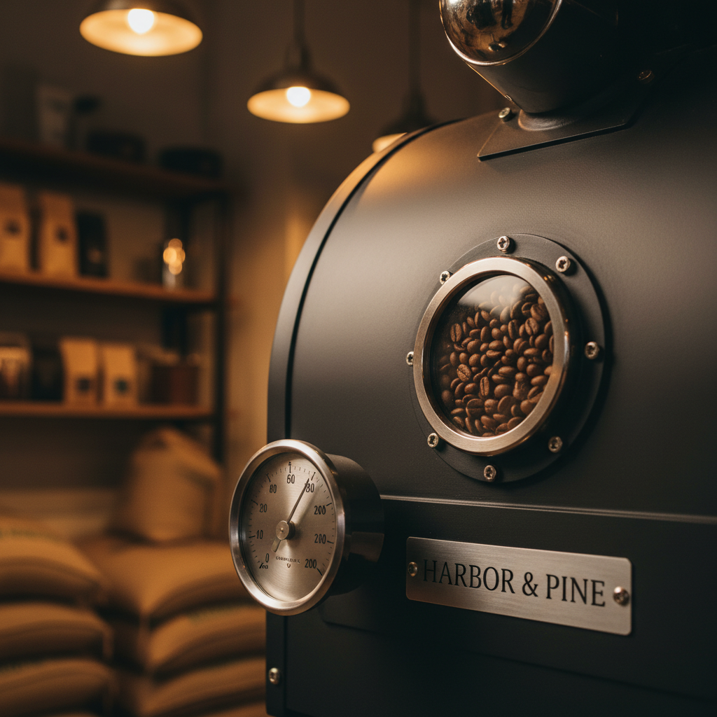 A close-up, side-angle photograph of a matte charcoal roasting machine drum with a small glass viewing window revealing a swirl of medium-roast beans tumbling inside, their surfaces rich, textured, and slightly glossy. A brushed steel temperature dial and clean, engraved Harbor & Pine logo plate are sharply in focus in the foreground. Warm pendant lights from above cast a golden glow on the metal surfaces, while the background fades into soft bokeh of stacked burlap sacks and wooden shelving. The atmosphere is technical yet artisanal, highlighting precision and craftsmanship. The composition uses shallow depth of field and dramatic side lighting to create an intimate, sophisticated portrait of the roasting process.