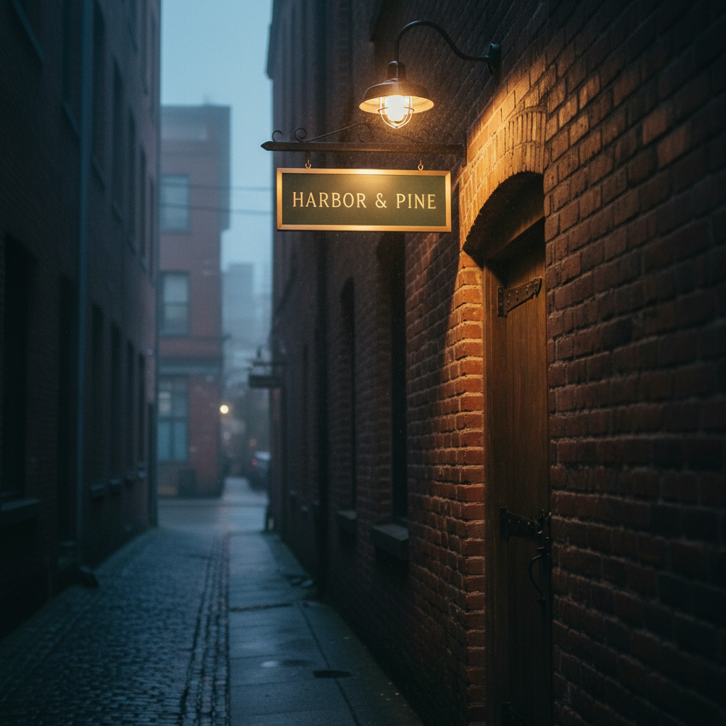 A moody, photographic scene of a narrow Portland alley at dusk, where a subtle Harbor & Pine sign in brushed brass and dark green hangs above a reclaimed wood door. The sign’s serif lettering is illuminated by a single, warm industrial wall sconce, casting a focused pool of light on the textured brick wall and lightly wet cobblestones below. Fine mist hangs in the air, catching the light just enough to add depth, while the background buildings dissolve into a soft, dark blur. Shot from a slightly low, three-quarter angle with a cinematic composition, the mood is quietly sophisticated and urban, suggesting a hidden, high-end roastery tucked away off the main street.